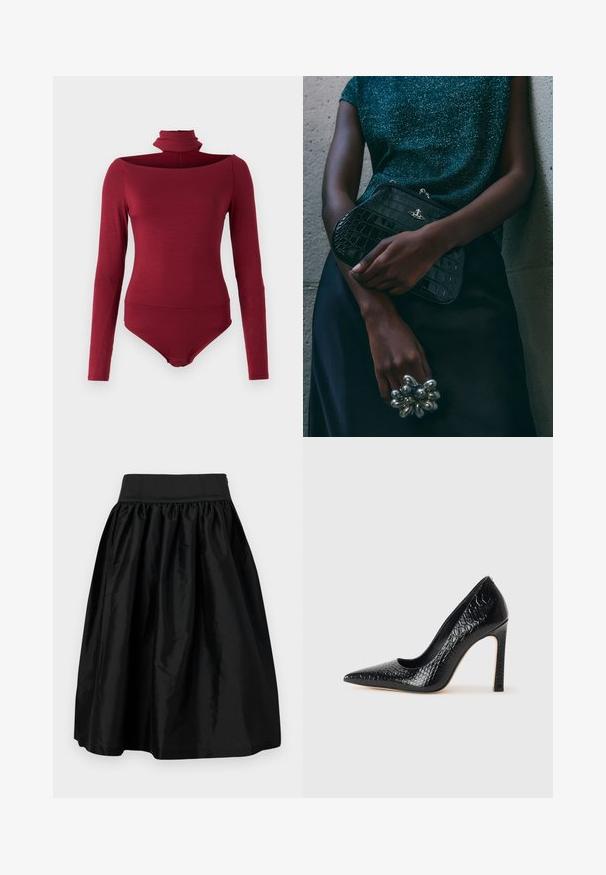 Hosszú ujjú, magas nyakú bodyn, amely vállnélküli kialakítással készült, egyszínű bordó színben. Puha, rugalmas anyagból készült.; Fekete, térd alatt érő szoknya sima, fényes anyagból, ráncos derékrésszel és bővülő sziluettel. Nincs díszítés vagy minta.; Fekete hegyes orrú magassarkú cipő krokodilbőr textúrával, letisztult dizájnnal, magas tűsarkú és sima fekete belső résszel.; Fekete krokodilbőr mintázatú válltáska ezüst hardware-rel, egy texturált szürke háttér előtt tartva. Fényes felülettel rendelkezik.