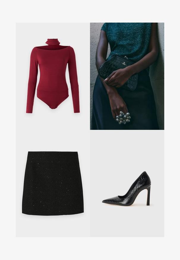 Hosszú ujjú, magas nyakú bodyn, amely vállnélküli kialakítással készült, egyszínű bordó színben. Puha, rugalmas anyagból készült.; Fekete textúrájú mini szoknya finom fényes pöttyökkel, egyenes szabású, látható díszítés vagy minta nélkül.; Fekete hegyes orrú magassarkú cipő krokodilbőr textúrával, letisztult dizájnnal, magas tűsarkú és sima fekete belső résszel.; Fekete krokodilbőr mintázatú válltáska ezüst hardware-rel, egy texturált szürke háttér előtt tartva. Fényes felülettel rendelkezik.