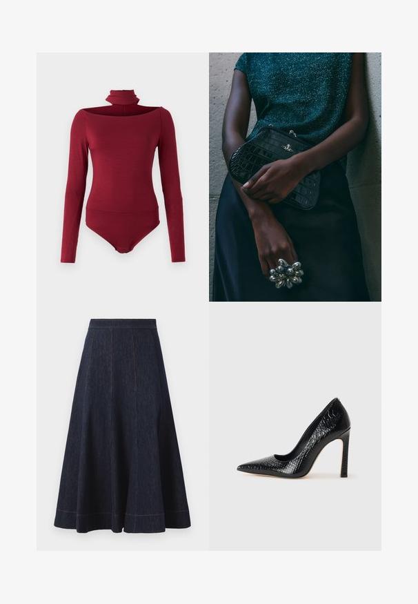 Ilgas rankoves bodidė su aukštu apykakle ir nugara palikta atvira, vientisos burgundiškos spalvos. Pagaminta iš minkštos, tamprios medžiagos.; Tamsiai mėlyna džinsinė sijonas su platėjančia siluetu, turintis vertikalių siūlių detalių ir kontrastingų oranžinių siūlų palei apatinį kraštą.; Juoda smailiakulnė aukšto kulno bateliai su krokodilo odos tekstūra, pasižymintys elegantišku dizainu, aukštu stiletu kulnu ir lygia juoda vidine dalimi.; Juodas krokodilo odos rašto vakarėlis su sidabriniais aksesuarais, laikomas prieš tekstūruotą pilką foną. Pasižymi blizgiu paviršiumi.