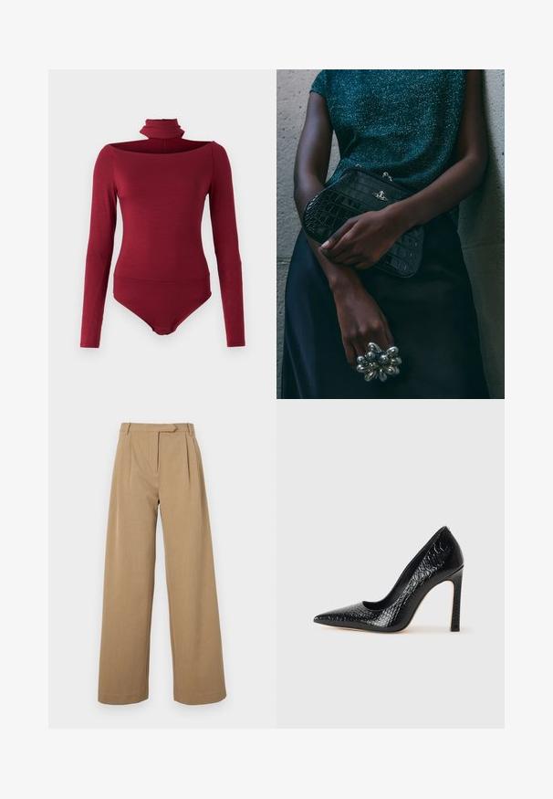 Hosszú ujjú, magas nyakú bodyn, amely vállnélküli kialakítással készült, egyszínű bordó színben. Puha, rugalmas anyagból készült.; Pántos nadrág világosbarna színben, texturált anyagból készült. Elülső redők és kényelmes derékpánt jellemzi. Egyszerű dizájn, látható fémalkatrészek nélkül.; Fekete hegyes orrú magassarkú cipő krokodilbőr textúrával, letisztult dizájnnal, magas tűsarkú és sima fekete belső résszel.; Fekete krokodilbőr mintázatú válltáska ezüst hardware-rel, egy texturált szürke háttér előtt tartva. Fényes felülettel rendelkezik.