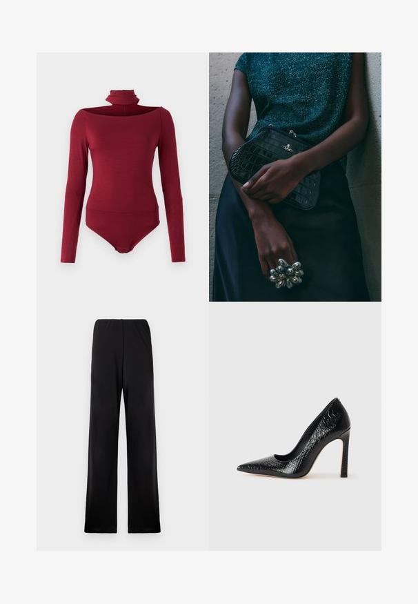 Bodysuit with long sleeves, high collar, and an off-shoulder design in a solid burgundy color. Made from a soft, stretchy fabric.; Black wide-leg pants made from soft fabric, featuring an elastic waistband. The design has a smooth texture with no visible patterns or accents.; Black pointed-toe high heel shoe with a crocodile-skin texture, featuring a sleek design, high stiletto heel, and smooth black interior.; Black crocodile-patterned clutch bag with silver hardware, held against a textured gray background. Features a shiny surface.