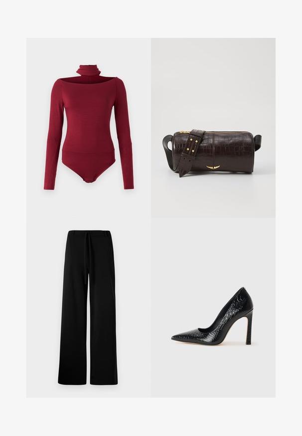Body con manica lunga, colletto alto e design off-shoulder in un colore borgogna uniforme. Realizzato in un tessuto morbido ed elasticizzato.; Pantaloni neri a gamba larga realizzati in tessuto morbido, con vita regolabile, superficie liscia e senza tasche o motivi visibili.; Scarpa nera con punta a punta alta in pelle di coccodrillo, caratterizzata da un design elegante, alto tacco a spillo e interno nero liscio.; Borsa in pelle stampata a coccodrillo marrone con forma cilindrica, accessori in tonalità oro e una tracolla staccabile con borchie.