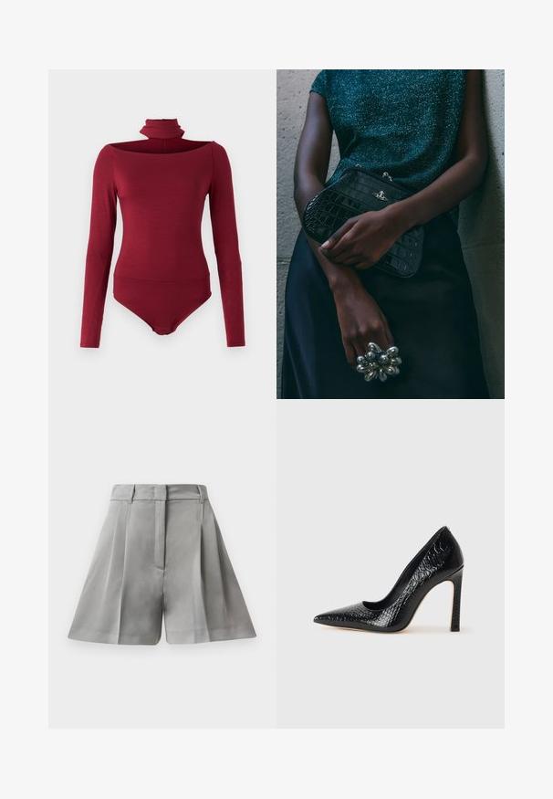 Hosszú ujjú, magas nyakú bodyn, amely vállnélküli kialakítással készült, egyszínű bordó színben. Puha, rugalmas anyagból készült.; Szürke, pleated (ráncolt) rövidnadrág sima anyagból, magas derékkal, elülső zsebekkel és letisztult vonalvezetésű szabással.; Fekete hegyes orrú magassarkú cipő krokodilbőr textúrával, letisztult dizájnnal, magas tűsarkú és sima fekete belső résszel.; Fekete krokodilbőr mintázatú válltáska ezüst hardware-rel, egy texturált szürke háttér előtt tartva. Fényes felülettel rendelkezik.