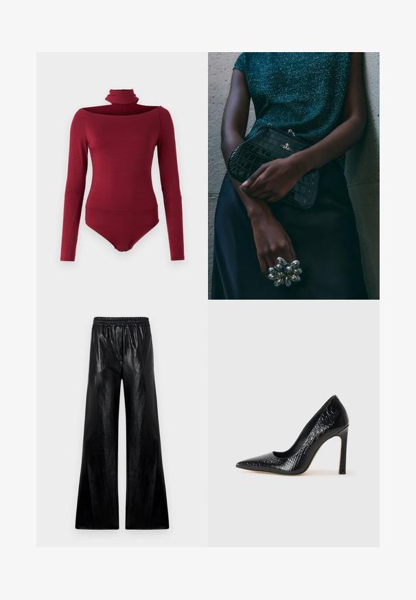 Body con manica lunga, colletto alto e design off-shoulder in un colore borgogna uniforme. Realizzato in un tessuto morbido ed elasticizzato.; Pantaloni a gamba larga realizzati in un materiale nero lucido con una vita elastica. Il tessuto presenta una texture liscia e una leggera lucentezza.; Scarpa nera con punta a punta alta in pelle di coccodrillo, caratterizzata da un design elegante, alto tacco a spillo e interno nero liscio.; Clutch bag nera con motivo coccodrillo e hardware argentato, appoggiata su uno sfondo grigio texture. Presenta una superficie lucida.
