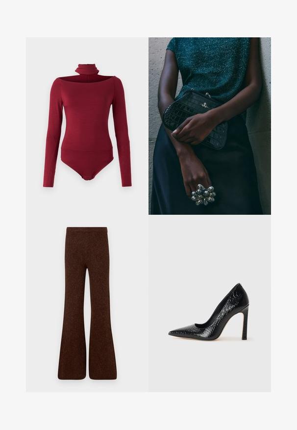 Body cu mâneci lungi, guler înalt și design off-shoulder, de culoare burgundă solidă. Fabricat dintr-un material moale și elastic.; Pantaloni maro evazați dintr-un material texturat, cu talie înaltă și un finisaj neted, având o siluetă cu picioare late. Fără accesorii vizibile.; Pantofii cu toc înalt, ascuțiți, de culoare neagră, cu textură de piele de crocodil, având un design elegant, toc în stil stiletto și interior neted de culoare neagră.; Geantă de umăr de tip clutch, cu model de crocodil negru și detalii din metal argintiu, sprijinită pe un fundal texturat gri. Prezintă o suprafață lucioasă.