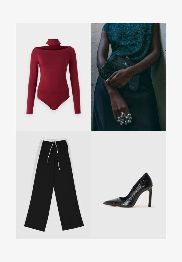 Bodijs ar garām piedurknēm, augstu apkakli un bezsniega dizainu vienkrāsainā bordo krāsā. Izgatavots no mīksta, elastīga auduma.; Melnas platas bikses ar baltu sānu svītru, elastīgu jostu un auklu. Izgatavotas no mīksta un gluda auduma, lai nodrošinātu komfortu.; Melni augstpapēžu apavi ar norādītu purngalu, ar krokodila ādas tekstūru, izceļoties ar elegantu dizainu, augstu stiletto papēdi un gludu melnu interjeru.; Melna krokodilā ādas raksta rokassoma ar sudraba detaļām, turēta pretī tekstūrētai pelēkai fona. Iespējo spīdīgu virsmu.