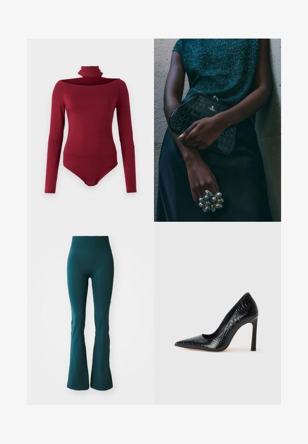 Body mit langen Ärmeln, hohem Kragen und einem schulterfreien Design in einer einheitlichen burgunderfarbenen Farbe. Hergestellt aus einem weichen, dehnbaren Stoff.; Tiefblaue ausgestellte Leggings aus glattem, dehnbarem Material mit einem hohen Bund, die eine subtile Textur und eine figurbetonte Passform aufweisen.; Schwarzer, spitz zulaufender High Heel mit Krokodilleder-Struktur, elegantem Design, hohem Stiletto-Absatz und glattem schwarzen Innenraum.; Schwarze Clutch-Tasche im Kroko-Design mit silbernen Beschlägen, vor einem strukturierten grauen Hintergrund gehalten. Verfügt über eine glänzende Oberfläche.