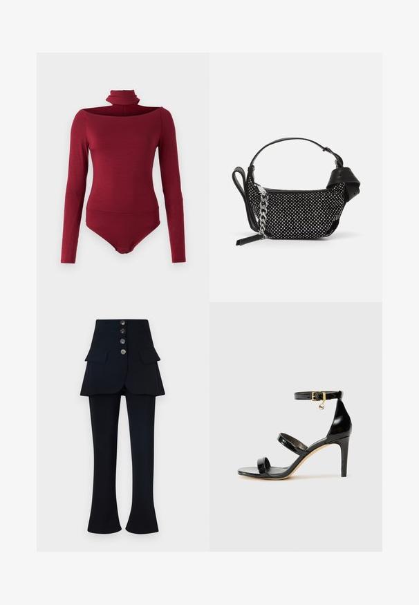 Body mit langen Ärmeln, hohem Kragen und einem schulterfreien Design in einer einheitlichen burgunderfarbenen Farbe. Hergestellt aus einem weichen, dehnbaren Stoff.; Schwarze Hosen mit einer geschichteten Rockbedeckung, die vier Knöpfe und zwei vordere Taschen aufweist. Der Stoff ist glatt, mit einer taillierten Silhouette und ausgestellten Beinen.; Schwarze Lackleder-Sandale mit drei Riemen, Knöchelriemen und 10 cm hohen Stiletto-Absatz. Verfügt über goldfarbene Hardware-Details und ein Logo-Charm.; Schwarze Handtasche mit Nietenverzierungen, einer Kettenriemen und einem glatten Ledergriff, in runder Form und mit einem Reißverschlussfach.