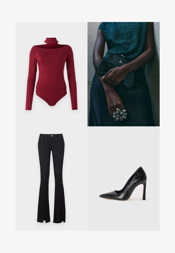 Bodysuit pitkähihaisilla, korkealla kauluksella ja olkapäät paljastavalla muotoilulla, vahvassa burgundinvärisessä sävyssä. Valmistettu pehmeästä, joustavasta kankaasta.; Mustat levenevät farkut, jotka on valmistettu pehmeästä denimistä ja joissa on halkiot nilkassa, kaksi etutaskua ja metallinen napitus. Klassinen muotoilu, jolla on siisti viimeistely.; Musta kapea nilkkakorkokenkä krokotiilin nahkakuviolla, joka on varustettu tyylikkäällä muotoilulla, korkealla stiletto-korkealla ja sileällä mustalla sisäosalla.; Musta krokotiilihäntäinen penaali, jossa on hopeiset yksityiskohdat, pidetään teksturoitua harmaata taustaa vasten. Pintamateriaali kiiltävä.