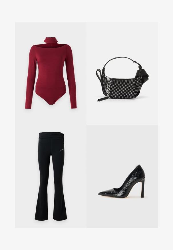 Kropsdragt med lange ærmer, høj krave og off-shoulder design i en ensfarvet bordeaux farve. Lavet af et blødt, strækbart stof.; Sorte yoga pants med flared ben, ruchet talje og lille hvidt logo på overlåret, præsenteret mod en ensfarvet hvid baggrund.; Sorte spidse tå stiletto-sko i krokodilleskind med et strømlinet design, høj hæl og glat sort inderside.; Sort håndtaske med naglede dekorationer, en kædestrop og et glat læderhåndtag, med en rund form og en lynlåslomme.