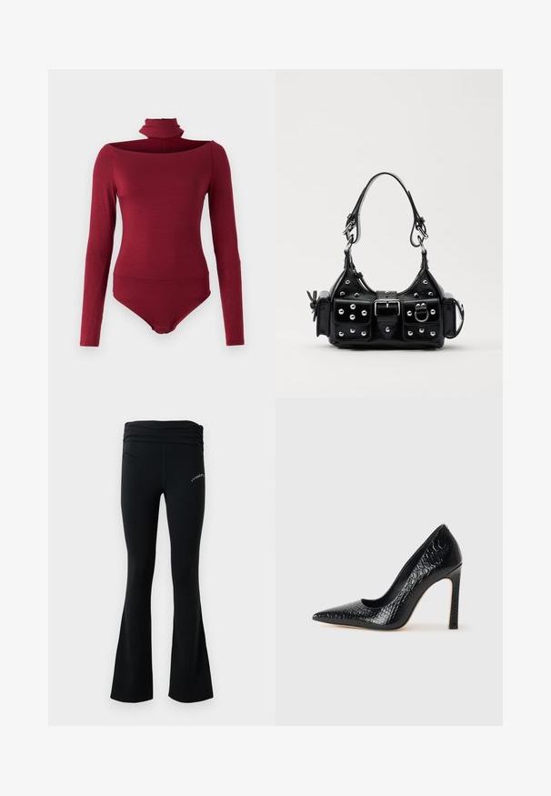 Body mit langen Ärmeln, hohem Kragen und einem schulterfreien Design in einer einheitlichen burgunderfarbenen Farbe. Hergestellt aus einem weichen, dehnbaren Stoff.; Schwarze, ausgestellte Yogahosen mit einem gerafften Bund und kleinem weißen Logo an der Oberseite des Oberschenkels, vor einem schlichten weißen Hintergrund präsentiert.; Schwarzer, spitz zulaufender High Heel mit Krokodilleder-Struktur, elegantem Design, hohem Stiletto-Absatz und glattem schwarzen Innenraum.; Schwarze Lederhandtasche mit einem geschwungenen Design, verziert mit silbernen Nieten, einer Schnalle und zwei seitlichen Taschen. Verstellbarer Träger für verschiedene Tragemöglichkeiten.