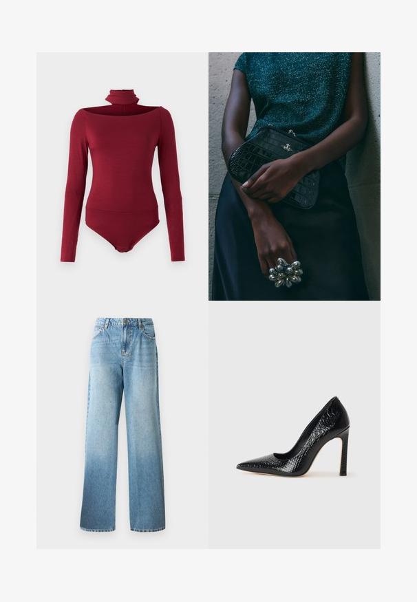 Monosieeta de manga larga, cuello alto y diseño off-shoulder en un color burdeos sólido. Fabricada con un tejido suave y elástico.; Vaqueros de mezclilla de color azul claro, con un corte holgado, piernas rectas y sutiles adornos. Presentan un diseño tradicional de cinco bolsillos y pasadores para el cinturón.; Zapato de tacón alto negro con punta afilada y textura de piel de cocodrilo, que presenta un diseño elegante, un alto tacón de aguja y un interior negro suave.; Bolso de mano negro con estampado de cocodrilo y herrajes plateados, sostenido frente a un fondo gris texturizado. Presenta una superficie brillante.
