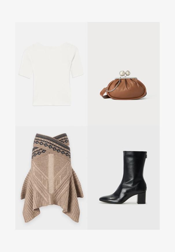 Valkoinen ribbattu lyhythihainen paita, jossa on leveä pääntie. Tekstuurissa on pystysuoria raitoja, jotka korostavat tiukkaa istuvuutta ja yksinkertaista muotoilua.; Beige neuleponcho, jossa on ribbikuviointi, geometrinen muotoilu ja tummansinisestä kontrastikuvioidusta reunasta. Lassoinen, epäsymmetrinen helma.; Musta nahkainen nilkkuri, jossa on terävä kärki ja 4 cm:n lohkokorko. Tyylikäs muotoilu sisältää sivuvetoketjun helppoa pukeutumista varten. Siro pinta.; Ruskolehti nahka käärimispuss, jossa on hopeinen pallo-osa ja pieni hopeaketjuvalinta valkoista taustaa vasten.