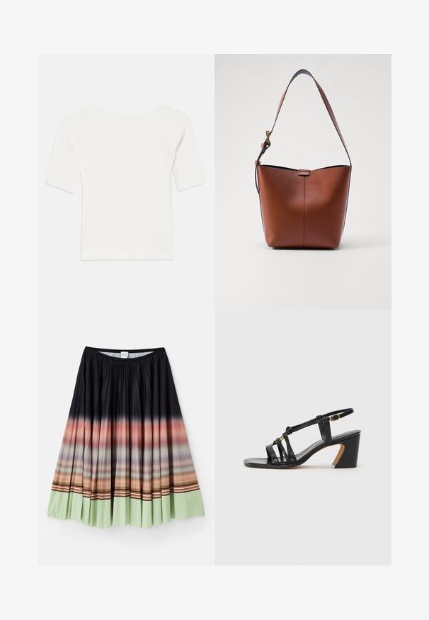 Weißes, geripptes Kurzarmoberteil mit weitem Ausschnitt. Die Textur weist vertikale Streifen auf, die eine eng anliegende Passform und ein einfaches Design betonen.; Faltenrock in Schwarz mit einem Ombre-Gradient, der am Saum von Orange zu Mintgrün übergeht, und bunten gestreiften Akzenten.; Paul Smith AMIRA - Pumps - black; Braune Leder-Schultertasche mit geschwungener Form, glatter Textur und einem einzelnen dünnen Trageriemen. Verfügt über eine dezente Naht und ein kleines Logodetail.