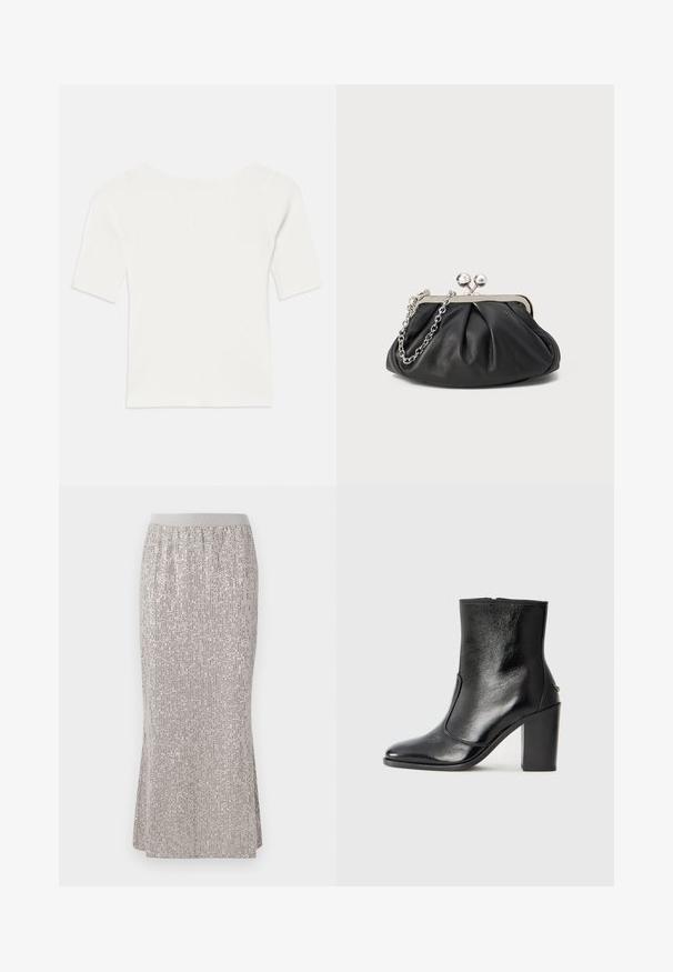Fehér bordázott, rövid ujjú felső széles nyakkivágással. A textúrája függőleges csíkokkal rendelkezik, hangsúlyozva a szoros illeszkedést és az egyszerű dizájnt.; Térd alá érő, ezüst flitteres szoknya, testhezálló derékrésszel, függőleges csillogó mintázattal és oldalsó hasítékokkal a könnyű mozgás érdekében.; Fekete bőr bokacipő sima textúrával, hegyes orral és vastag, magas sarkával. Oldalnyílással és minimalista dizájnnal rendelkezik.; Fekete bőr táska ráncolt textúrával, ezüst színű fémszerkezettel, csattal záródó fedéllel és láncos pánttal. Simító, puha felület.
