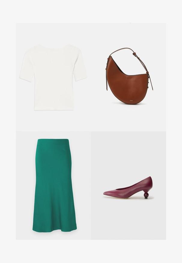 Fehér bordázott, rövid ujjú felső széles nyakkivágással. A textúrája függőleges csíkokkal rendelkezik, hangsúlyozva a szoros illeszkedést és az egyszerű dizájnt.; Egy zöld, térd alatt érő szoknya sima anyagból, fodros szegéllyel és szűkített derékkal. Nincs látható minta vagy fém részlet.; Burgundi bőr magassarkú cipő hegyes orral és egyedi kerek sarokkal. Simább textúra, minimalista dizájn, látható minták nélkül.; Barna bőr válltáska félhold alakú, vékony barna pánttal és diszkrét arany színű részletekkel. Simább textúrája van és minimális varrást tartalmaz.