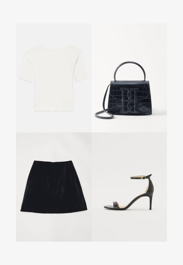 Balta raukšlėta trumpomis rankovėmis palaidinė su plačiu kaklu. Tekstūra turi vertikalias juosteles, pabrėžiančias tvirtą prigludimą ir paprastą dizainą.; Juodas aksominis A formos sijonas, pasižymintis lygiu paviršiumi ir diskretišku užpakaliniu užtrauktuku. Paprastas dizainas be matomų raštų ar akcentų.; Juodos oda aukštakulniai sandalai su kulkšnies dirželiu. Pasižymi lygiu paviršiumi, atviru pirštu ir plonu kulnu. Auksinės spalvos sagties detalė.; Juodas krokodilo rašto odinis rankinės krepšys su struktūruotu dizainu, viršutine rankena, reguliuojamu dirželiu ir išsiskiriančiu priekinio logo detale.