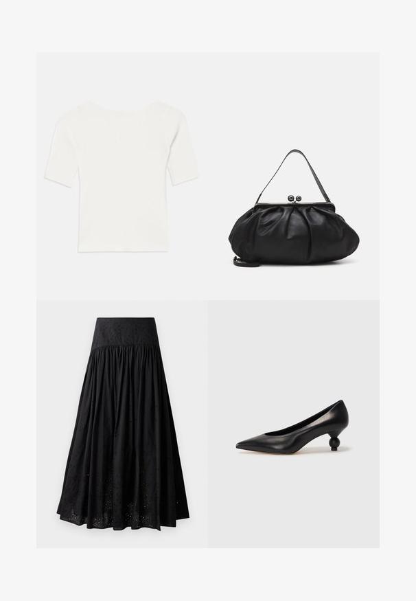 Valge sooniline lühikeste varrukatega topp laia kaelusega. Tekstuuril on vertikaalsed triibud, mis rõhutavad mugavat istuvust ja lihtsat disaini.; Mustmustud mustrintsiga, millel on broderi vöökoht. Omab kogutud kangast ja augulist detaili ääres.; Must musta kõrge kontsaga king, millel on terav nina ja ümar, pallikujuline konts. Sile pind ja elegantne, minimalistlik disain.; Must mustrida nahk-kott ümmarguse, kortsunud disainiga. Varustatud metallist klambriga, millel on kaks dekoratiivset palli ja õhuke, eemaldatav rihm.