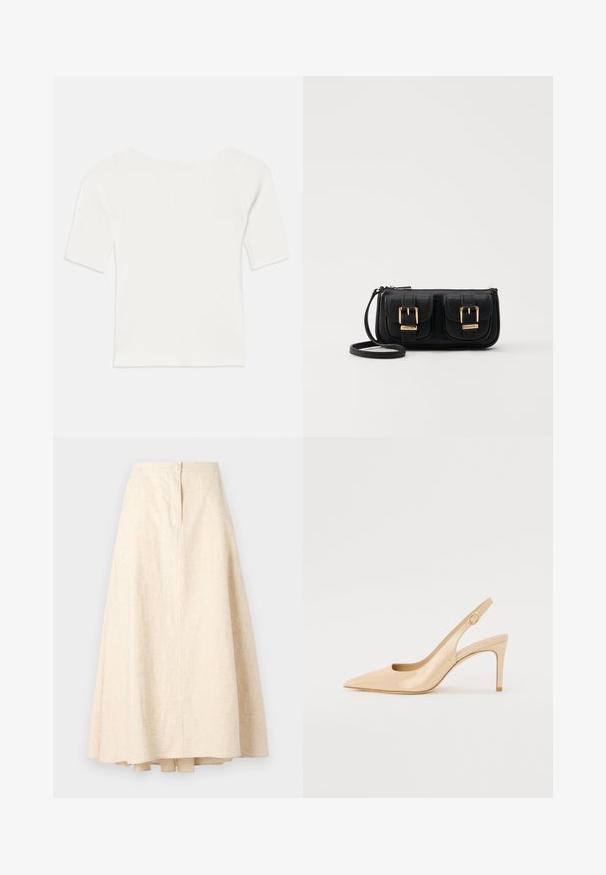 White ribbed short-sleeve top with a wide neckline. The texture features vertical stripes, emphasizing a snug fit and simple design.; Beige linen midi skirt with a flared shape, center seam, and a decorative button at the waistband. Smooth texture and lightweight fabric.; Nude patent leather slingback heel with a pointed toe, open vamp, and a thin stiletto heel. Features a circular gold accent on the strap.; Black leather crossbody bag with two front pockets, gold buckles, zipper closure, and a slim strap. Textured surface and compact rectangular shape.