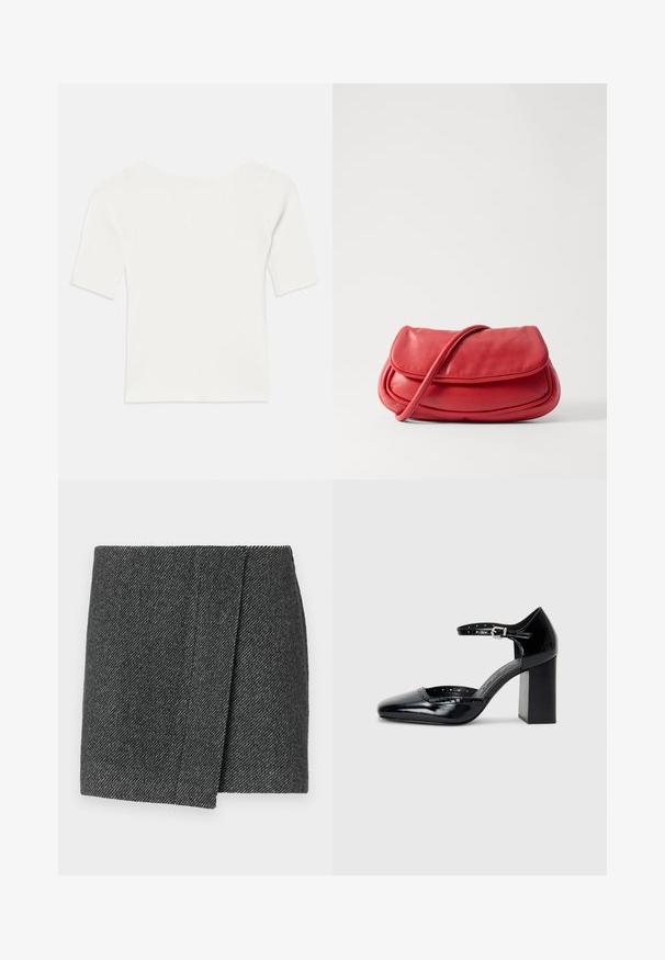 Valge sooniline lühikeste varrukatega topp laia kaelusega. Tekstuuril on vertikaalsed triibud, mis rõhutavad mugavat istuvust ja lihtsat disaini.; Hall hõlmade mustriga seelik, millel on vöödisain, tekstuuriga kanga ja sirge ning puhta servaga lõige.; Mustad lakknahk kingad kõrge kontsaga, ruudukujulise varbaga, pahkluu rihmaga ja paksu kontsaga. Sisaldab perforatsioonidega detaile ääres.; MAX&Co. BEAN - Ülerinna-kott - red