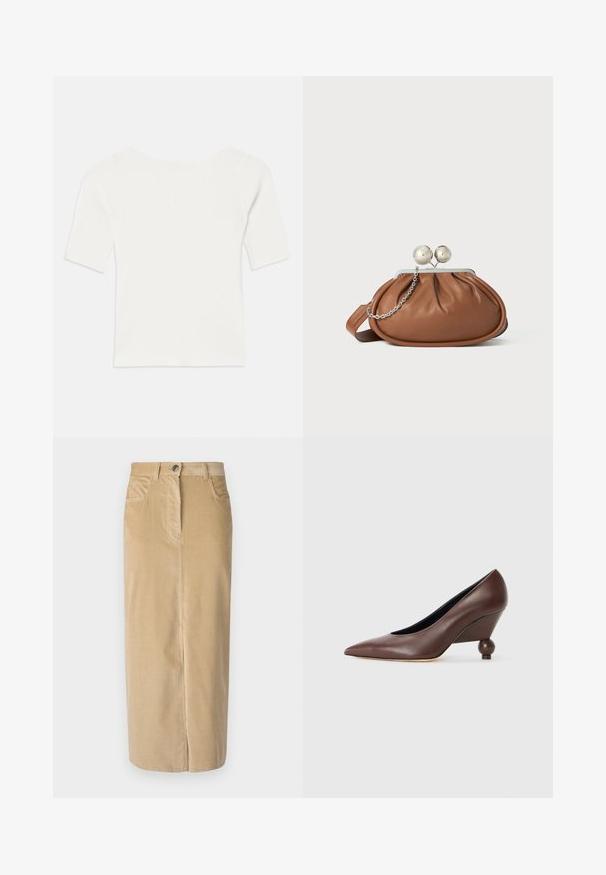 White ribbed short-sleeve top with a wide neckline. The texture features vertical stripes, emphasizing a snug fit and simple design.; Weekend Max Mara GHIOTTO - Maxi skirt - beige; Brown leather wedge pump with a pointed toe and a rounded, ball-shaped heel. Smooth texture with a simple design and minimal accents.; Brown leather clutch purse with silver ball clasp and a small silver chain detail on a white background.