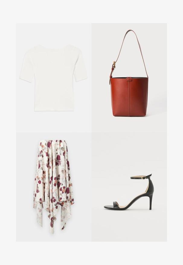 Balta raukšlėta trumpomis rankovėmis palaidinė su plačiu kaklu. Tekstūra turi vertikalias juosteles, pabrėžiančias tvirtą prigludimą ir paprastą dizainą.; Balta nosinė su gėlėmis, atspausdintomis maroon, pilkomis ir oranžinėmis vandens spalvomis, su elastinga juosmens juosta.; Juodos oda aukštakulniai sandalai su kulkšnies dirželiu. Pasižymi lygiu paviršiumi, atviru pirštu ir plonu kulnu. Auksinės spalvos sagties detalė.; Rudos odos kibirėlio tipo krepšys su reguliuojamu petiniu diržu ir auksinės spalvos sagtimi, priekyje paprasti vertikalūs siūlai.