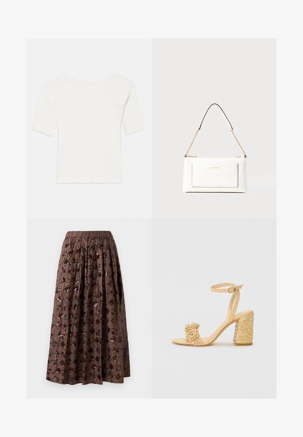 Weißes, geripptes Kurzarmoberteil mit weitem Ausschnitt. Die Textur weist vertikale Streifen auf, die eine eng anliegende Passform und ein einfaches Design betonen.; Brauner Midirock mit elastischem Bund, verziert mit floralen Pailletten, mit plissiertem Design und glatter Stofftextur.; Beige High-Heel-Sandale mit geflochtener Textur, dekorativer Blume und Knöchelriemen. Der quadratische Absatz sorgt für Stabilität.; Weißes Lederhandtasche mit strukturierter Oberfläche, ausgestattet mit einem goldenen Kettenriemen und schwarzen Akzenten. Enthält eine Fronttasche und einen Reißverschluss.