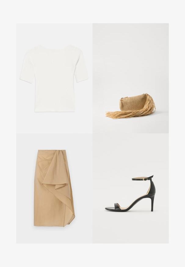 Weißes, geripptes Kurzarmoberteil mit weitem Ausschnitt. Die Textur weist vertikale Streifen auf, die eine eng anliegende Passform und ein einfaches Design betonen.; Beiger Wickelrock aus leichtem Stoff mit asymmetrischem Fall, ausgestattet mit einem gerafften Taillenbund und glatter Textur. Keine sichtbaren Verschlüsse.; Schwarze Leder-high-heeled Sandale mit Knöchelriemen. Verfügt über eine glatte Textur, offene Zehen und einen dünnen Absatz. Goldfarbener Schnallenakzent.; Cult Gaia VIERA - Clutch - natural