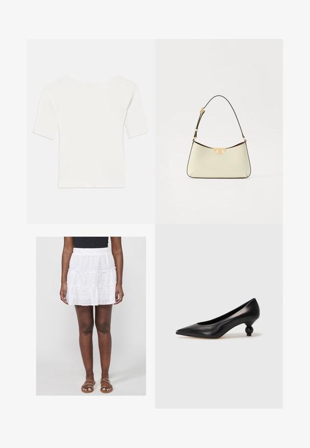 Valge sooniline lühikeste varrukatega topp laia kaelusega. Tekstuuril on vertikaalsed triibud, mis rõhutavad mugavat istuvust ja lihtsat disaini.; Valge, kihiline mini seelik, millel on silmade tikand ja elastse vöökoha detail. Selga pandud tasaste rihmadega sandaalidega.; Must musta kõrge kontsaga king, millel on terav nina ja ümar, pallikujuline konts. Sile pind ja elegantne, minimalistlik disain.; Kreemivärviline nahast käekott, millel on kõver kuju. Kaunistab kuldse tooni logoaktsent ning õhuke, reguleeritav tume rihm.