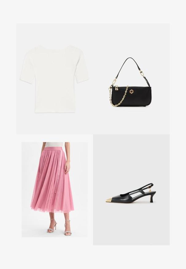 Weißes, geripptes Kurzarmoberteil mit weitem Ausschnitt. Die Textur weist vertikale Streifen auf, die eine eng anliegende Passform und ein einfaches Design betonen.; Vera Mont IM LAYER LOOK - Faltenrock - altrosa; Schwarze Leder-Slingback-Schuh mit spitzem Zeh und goldfarbener Metallic-Kappe. Verfügt über ein Ausschnittdesign und einen schlanken Absatz mit verstellbarem Riemen.; Schwarze Handtasche mit glatter Textur, ausgestattet mit einer goldenen Kettenriemen, Reißverschlussverschluss und einem dekorativen goldenen Emblem auf der Vorderseite.