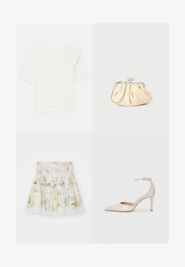 Valge sooniline lühikeste varrukatega topp laia kaelusega. Tekstuuril on vertikaalsed triibud, mis rõhutavad mugavat istuvust ja lihtsat disaini.; Lillekudumisega lillemustriline seelik, mis on valmistatud kergetest kangast. Omab smockitud vööd, volangi äärt ja pitsaktsente. Värvid hõlmavad roosa, roheline ja valge.; Valgete nahast kõrge kontsaga kingad, terava varbaga, ankle strapiga ja kitsaste stiletto kontsadega. Sile tekstuur koos peene läikega.; Kortsus beežist nahast kotike, millel on hõbedane metallraam, kaunistatud kahe ümmarguse dekoratiivse lukuga ja hõbedase ketispideme.