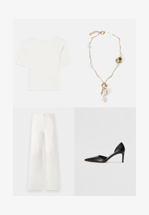 White ribbed short-sleeve top with a wide neckline. The texture features vertical stripes, emphasizing a snug fit and simple design.; White, high-waisted wide-leg jeans made of denim. Features a button closure, two front pockets, and side seams with stitching details.; Black leather high-heeled pumps with a pointed toe, open sides, and a sleek silhouette. Features a thin heel and red sole accent.; Gold-tone necklace with twisted links, white pearls, and a green stone accent. Features intricate details and a clasp for fastening.