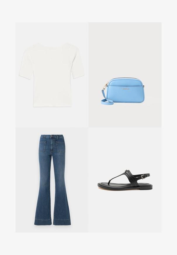 Top blanco de manga corta acanalado con un escote amplio. La textura presenta rayas verticales, enfatizando un ajuste ceñido y un diseño sencillo.; Pantalones vaqueros acampanados en un tono medio, con una cintura alta, cinco bolsillos y un ligero desgastado alrededor de las rodillas y los muslos.; Sandalia negra de cuero tipo tanga con una correa segura en el tobillo, con una superficie lisa, suela plana y detalle de hebilla plateada.; Bolso cruzado de cuero azul claro con herrajes en tono dorado, cierre de cremallera y un bolsillo frontal. cuenta con una correa ajustable para mayor comodidad.