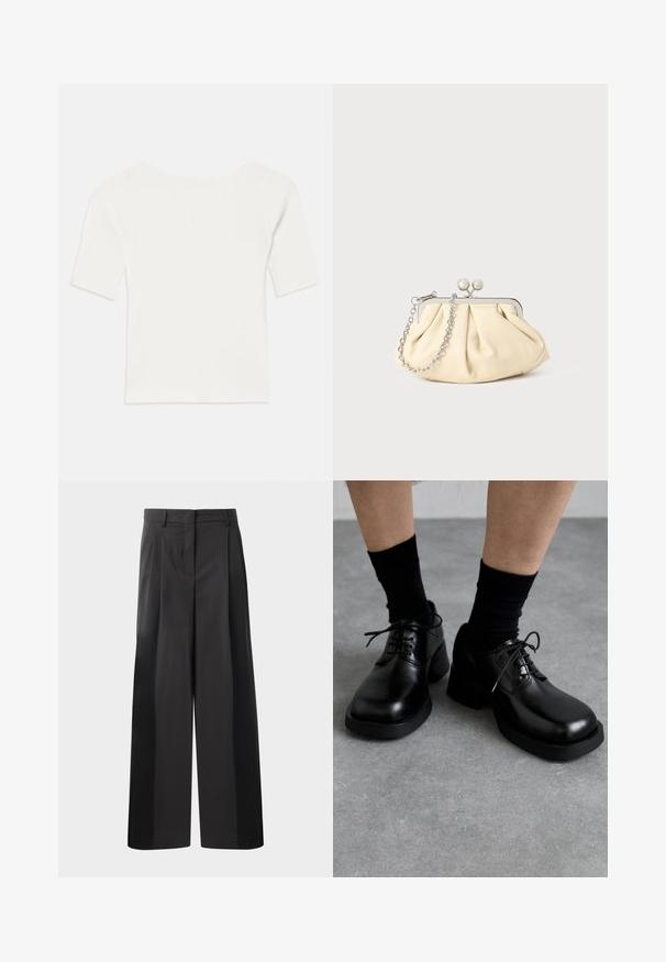 Fehér bordázott, rövid ujjú felső széles nyakkivágással. A textúrája függőleges csíkokkal rendelkezik, hangsúlyozva a szoros illeszkedést és az egyszerű dizájnt.; Fekete, bő szárú nadrág magas derékkal, elöl plissékkel, sima felülettel és igényes kidolgozással. Kényelmes viseletre tervezve.; MIISTA ALTHEA BROGUES - Fűzős cipők - black; Pleátolt bézs bőr válltáska ezüst fém kerettel, két kerek díszcsattal és ezüst lánc pánttal.; Kéréknyakú, mélyvörös ruha sima textúrával. Gyöngy nyaklánc díszes ezüst kiegészítővel a közepén.