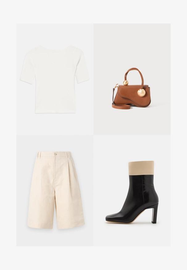 White ribbed short-sleeve top with a wide neckline. The texture features vertical stripes, emphasizing a snug fit and simple design.; Beige linen shorts with a relaxed fit, featuring a button closure, pleated design, and knee-length cut. Smooth texture and simple style.; Black leather ankle boot with cream accent at the top, pointed toe, and a high, silver-accented heel. Smooth texture with no visible patterns.; Brown leather handbag with a wavy design, featuring two circular gold accents and a detachable shoulder strap for versatile carrying.