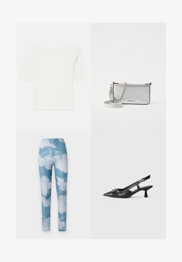 Balta raukšlėta trumpomis rankovėmis palaidinė su plačiu kaklu. Tekstūra turi vertikalias juosteles, pabrėžiančias tvirtą prigludimą ir paprastą dizainą.; Leggingai su mėlyno denimo fono, padengtu baltomis debesų rašytėmis. Audinys atrodo tamprus, su prigludusia forma ir kulkšnies ilgio.; Juodas odinis slingback tipo batai su smailiu priekiniu atvartu, dekoratyvinėmis sagtimis su metaliniais akyčiais ir žemu blokiniu kulnu. Saldus paviršius.; Sidabrinė odinė per petį nešiojama rankinė su tekstūruotu paviršiumi, grandinėlės ir dirželio akcentais, bei užtrauktuko uždarymu. Priekinėje pusėje yra logotipas.