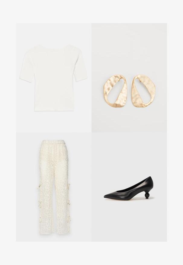 Witte ribben top met korte mouwen en een brede hals. De textuur heeft verticale strepen, die een snug fit en eenvoudig ontwerp benadrukken.; Crèmekleurige kanten broek met een elastische tailleband, voorzien van bloemmotieven en strikjes aan de zijkanten voor een verstelbare pasvorm.; Zwarte leren hoge hak schoen met een spitse neus en een ronde, bolle hak. Gladde textuur met een elegant, minimalistisch ontwerp.; Een paar onregelmatig ovale, gouden metalen oorbellen met een gestructureerd, lichtgehamerd oppervlak op een witte achtergrond.