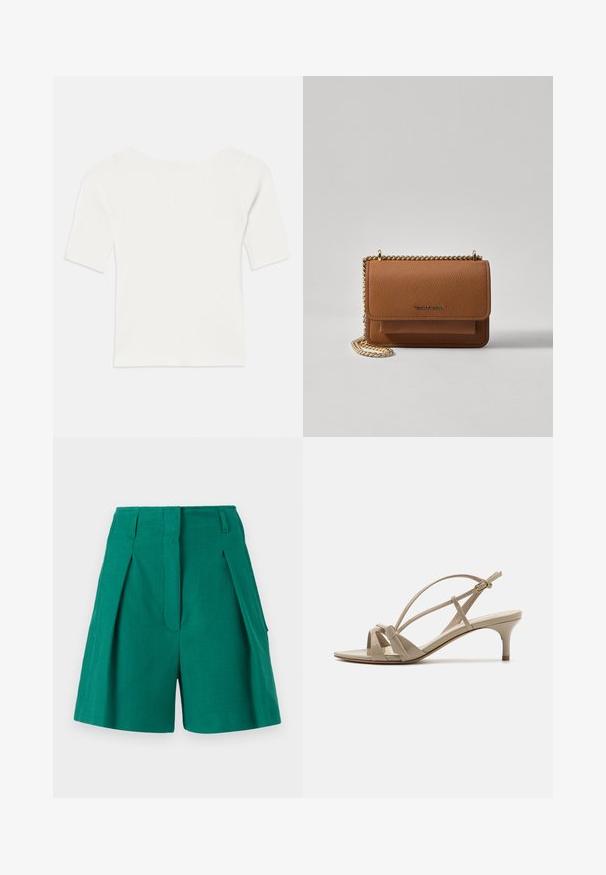 Haut blanc à col large et à manches courtes avec une texture côtelée. Les rayures verticales mettent en valeur une coupe ajustée et un design simple.; Shorts verts avec un tissu texturé, des détails de plis et des poches latérales. Le design est ajusté avec une taille haute et une coupe droite.; Sandales à talons en cuir verni beige avec des brides entrecroisées, un bout ouvert et un talon fin de hauteur moyenne avec une semelle marron clair.; Sac en cuir texturé marron en bandoulière avec une sangle en chaîne dorée et une fermeture à rabat. L'avant présente un détail de logo et une poche sous le rabat.