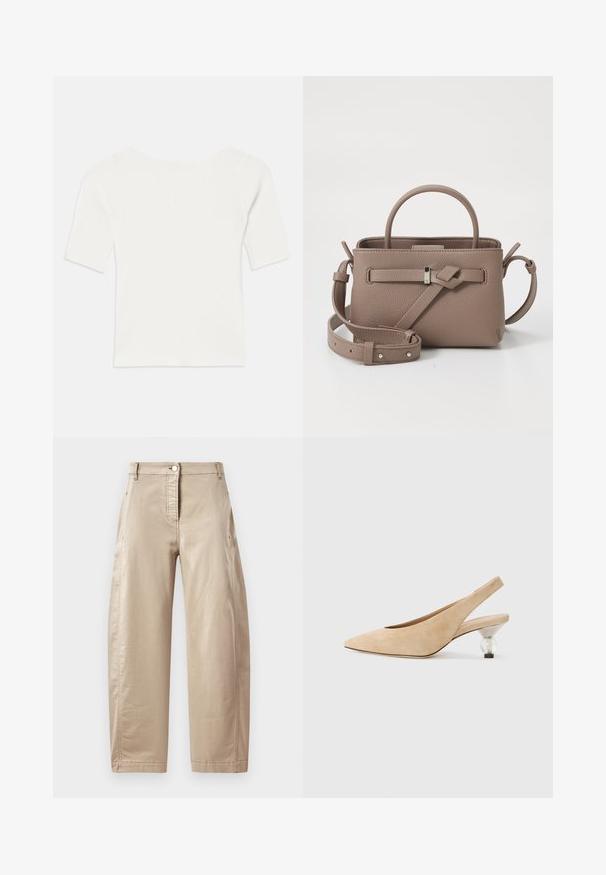 Witte ribben top met korte mouwen en een brede hals. De textuur heeft verticale strepen, die een snug fit en eenvoudig ontwerp benadrukken.; Beige wijde broek van een soepele katoenmix, met een sluiting met een knoop aan de voorkant, zijzakken en zichtbare stikseldetails.; Beige suède slingbackschoen met een spitse neus en een transparante, ronde hak. Gladde textuur en minimalistisch ontwerp.; Taupe leren handtas met textuur, bovenhandvat, verstelbare schouderband en decoratieve knoopdetail op een witte achtergrond.