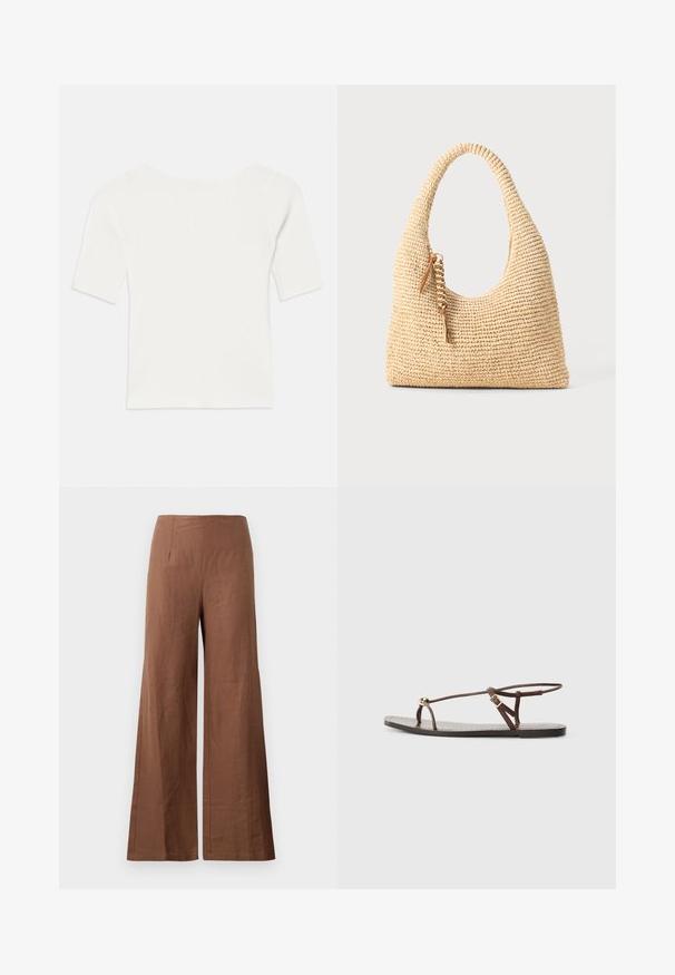Fehér bordázott, rövid ujjú felső széles nyakkivágással. A textúrája függőleges csíkokkal rendelkezik, hangsúlyozva a szoros illeszkedést és az egyszerű dizájnt.; Barna, széles szárú nadrág, textúrált anyagból készült. Magas derék jellemzi, két elülső pliszével és egyenes, laza lábakkal.; Barna bőr szandál vékony pántokkal, arany kör alakú díszítéssel és lapos talppal. Minimalista dizájn, állítható csat részlettel.; Szőtt bézs kézitáska ívelt fogantyúval, textúrált felülettel és barna bojtos díszítéssel. Lazán lecsüngő, hobo stílusú forma jellemzi.