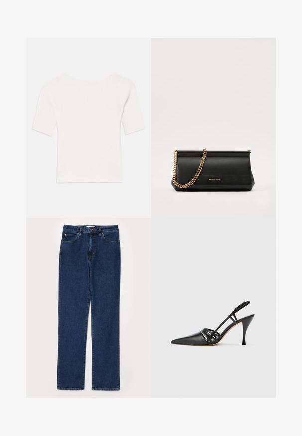 Top bianco a righe con maniche corte e scollo ampio. La texture presenta strisce verticali, enfatizzando una vestibilità aderente e un design semplice.; Jeans in denim di colore blu scuro, design a gamba dritta, stile a cinque tasche, con una cintura resistente e dettagli di cucitura a vista.; Scarpa nera in pelle con tacco alto, design slingback e punta affusolata, con una fascia incrociata e un tacco sottile a stiletto. Texture liscia e accenti minimi.; Clutch bag in pelle nera con tracolla in catena dorata, caratterizzato da una superficie liscia, forma rettangolare e branding in rilievo sul davanti.