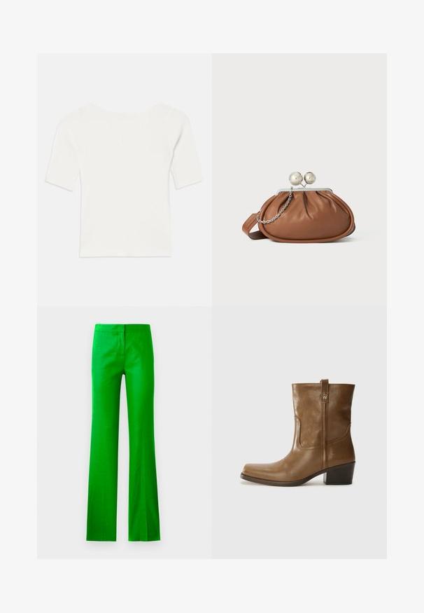 Top branco de malha com mangas curtas e decote largo. A textura apresenta riscas verticais, realçando um ajuste justo e um design simples.; Calças de flare verde brilhante, feitas de um tecido suave, com frente lisa e sem bolsos visíveis. Design limpo e minimalista.; Bota de tornozelo em couro castanho com bico quadrado, acabamento texturizado e salto baixo em camadas. Apresenta uma alça na parte de trás e detalhes de costura discretos.; Pasta de mão em couro castanho com fecho em bola prateada e um pequeno detalhe em corrente prateada sobre um fundo branco.