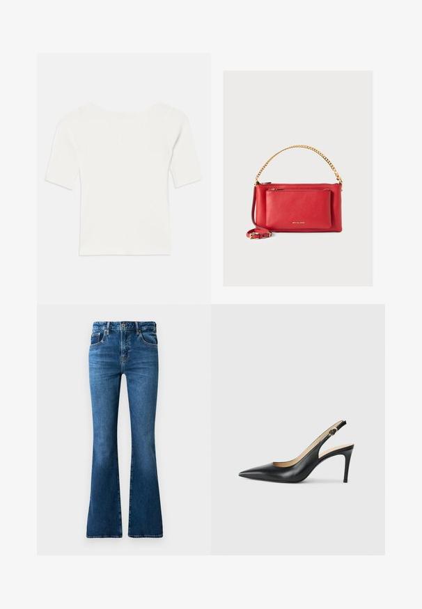 Vit ribbad kortärmad topp med vid halsringning. Texturen har vertikala ränder som betonar en tight passform och enkelt design.; Blå denimvidjeans med medelhög midja, fem fickor, subtila blekningar och sömnadsdetaljer längs sömmen.; Svarta läder slingback-högklackade skor med spetsig tå, justerbar rem och en smal stilettklack, med en slät finish.; Röd läderhandväska med texturerad yta, guldkedja och rem, framficka med dragkedja och präglad logotyp. Kompakt och strukturerad design.