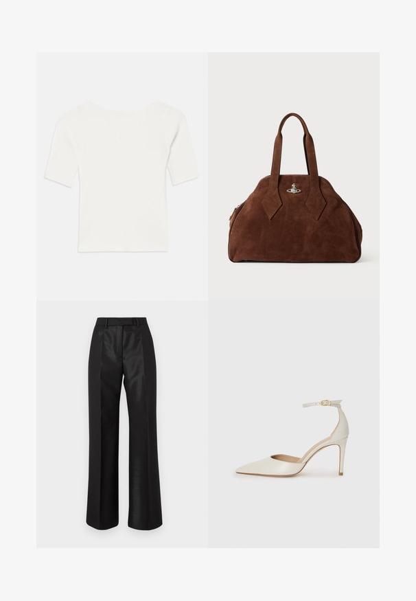 Witte ribben top met korte mouwen en een brede hals. De textuur heeft verticale strepen, die een snug fit en eenvoudig ontwerp benadrukken.; Zwarte broek met wijde pijpen, voorzien van een gladde textuur, een platte voorkant, riemlussen en contrasterende satijnen zijpanelen.; Witte leren hoge hak schoen met een spitse neus, enkelbandje en een slanke stiletto hiel. Gladde textuur met een subtiele glanzende afwerking.; Bruine suède handtas met een gestructureerde vorm, ronde body en verlengde ruitvormige handvatten. Voorzien van een sluiting met zilveren hardware.