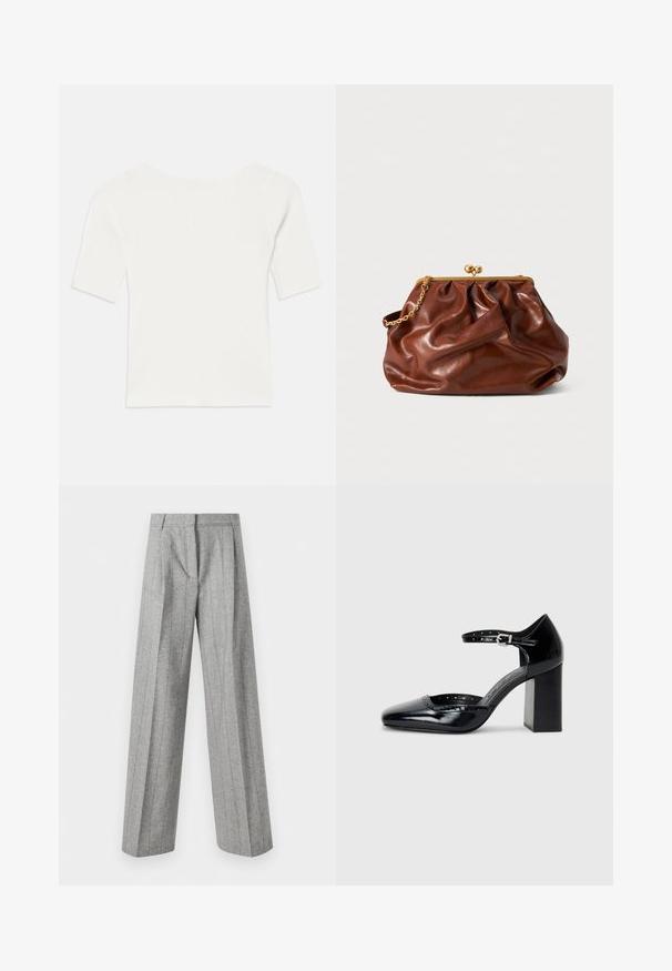 Top blanco de manga corta acanalado con un escote amplio. La textura presenta rayas verticales, enfatizando un ajuste ceñido y un diseño sencillo.; Pantalones grises de cintura alta con rayas verticales y piernas rectas anchas, exhibidos sobre un fondo blanco.; Zapatos de charol negro de tacón alto con punta cuadrada, correa en el tobillo y tacón grueso. Incluye detalles perforados a lo largo del borde.; Bolso de mano de cuero marrón con cierre de marco dorado y una corta cadena dorada, que presenta una suave textura arrugada sobre un fondo blanco.