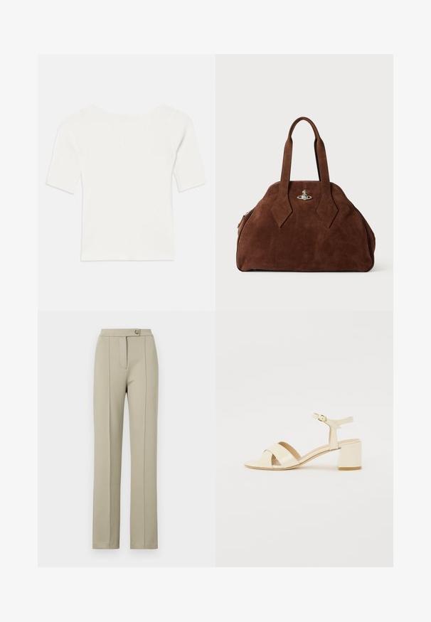 Bela rebrasta majica s kratkimi rokavi in širokim izrezom. Tekstura prikazuje navpične črte, kar poudarja tesno prileganje in preprost dizajn.; Bež hlače s krojem naravnost, z sprednjim zadrgo, enim gumbom za zapiranje in subtilnimi pritisnjenimi pregibi vzdolž sprednjih nog.; Bež lakirane usnjene sandale s peto z zasnovo čez trak, odprtim prstom, nastavljivim gležnjenjem in blok peto. Gladka tekstura.; Rjav sueden torbica s strukturovano obliko, zaobljeno telo in podolgovat diamanten ročaj. Ima srebrno kovinsko zapiranje.