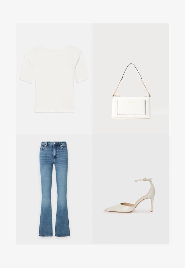 White ribbed short-sleeve top with a wide neckline. The texture features vertical stripes, emphasizing a snug fit and simple design.; Flared denim jeans in light blue wash; features a high waist, stitched seams, and a slight fade at the bottom of the legs.; White leather high-heeled shoe with a pointed toe, ankle strap, and a slim stiletto heel. Smooth texture with subtle glossy finish.; White leather handbag with a textured finish, featuring a gold chain strap and black accents. Includes a front pocket and zipper closure.