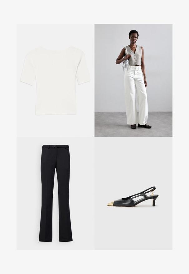 Balts ribots īsām piedurknēm tops ar plašu dekoltē. Raksts ietver vertikālas līnijas, uzsverot ciešu piegulšanu un vienkāršu dizainu.; Melnas paplašinātas bikses ar gludu tekstūru, ar pieguļošu jostasvietu un jostu cilpām, kā arī ar smalku mirdzumu. Tīras līnijas un šūta piegriezuma izskats.; Melnas ādas sandales ar noslēgtu purngalu un zeltainu metāla uzgali. Iezīmējas ar izgriezumu dizainu un slaidu papēdi ar regulējamu siksnu.; Pelēks īss vests ar pogām, apvienots ar baltām platām biksēm un melniem plakanajiem apaviem. Aksesuārs - mazs sudraba frizētājs.