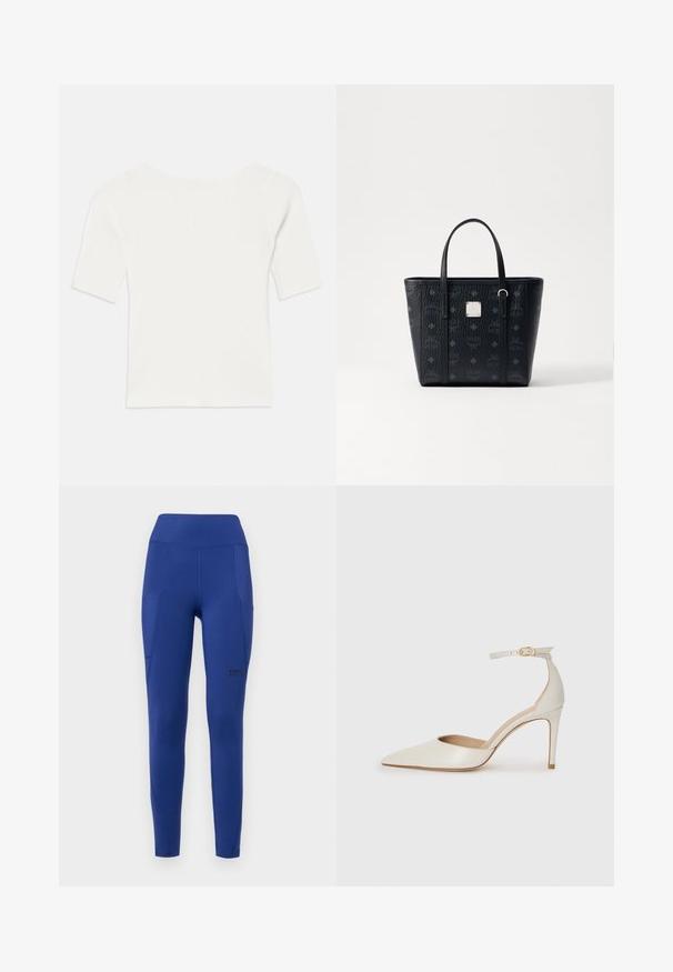 White ribbed short-sleeve top with a wide neckline. The texture features vertical stripes, emphasizing a snug fit and simple design.; Navy blue active leggings with a high waistband, side pockets, and subtle branding. Made from stretchy, smooth fabric with a fitted shape.; White leather high-heeled shoe with a pointed toe, ankle strap, and a slim stiletto heel. Smooth texture with subtle glossy finish.; Black leather tote bag with textured finish, featuring dual handles and square logo accent. Monogram pattern covers the exterior.