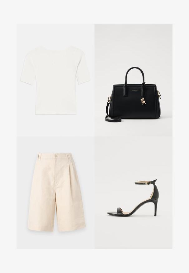 White ribbed short-sleeve top with a wide neckline. The texture features vertical stripes, emphasizing a snug fit and simple design.; Beige linen shorts with a relaxed fit, featuring a button closure, pleated design, and knee-length cut. Smooth texture and simple style.; Black leather high-heeled sandal with an ankle strap. Features a smooth texture, open toe, and a thin heel. Gold-toned buckle detail.; Black leather handbag with structured design, dual top handles, detachable shoulder strap, gold hardware, and a logo charm accent.